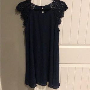 Navy flowy dress with crocheted sleeves